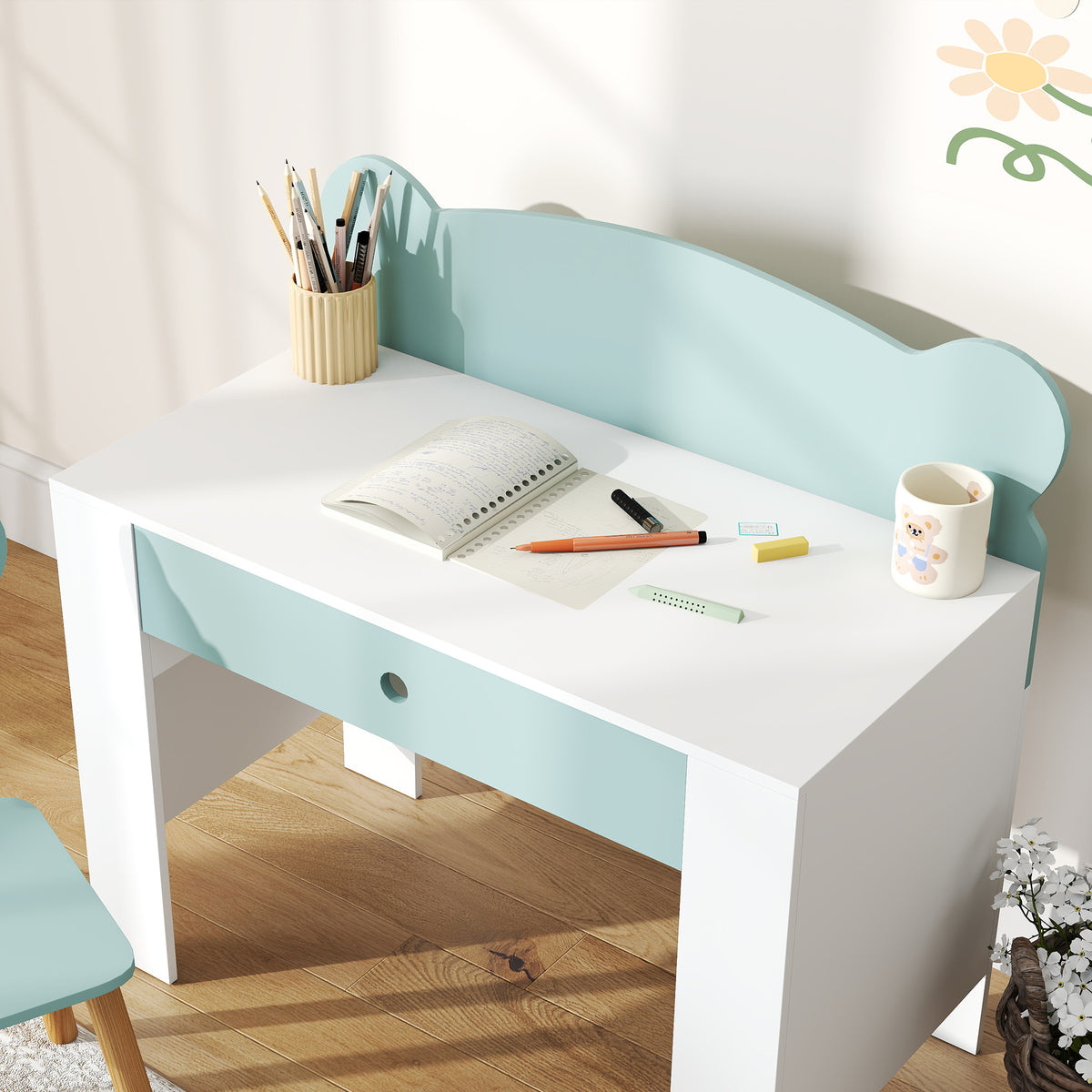 Ensemble Bureau & Chaise Enfant Vert – Dossier Ours Ludique, Tiroir, Plateau 80cm, MDF & Pin, 3-8 Ans, Norme EN71
