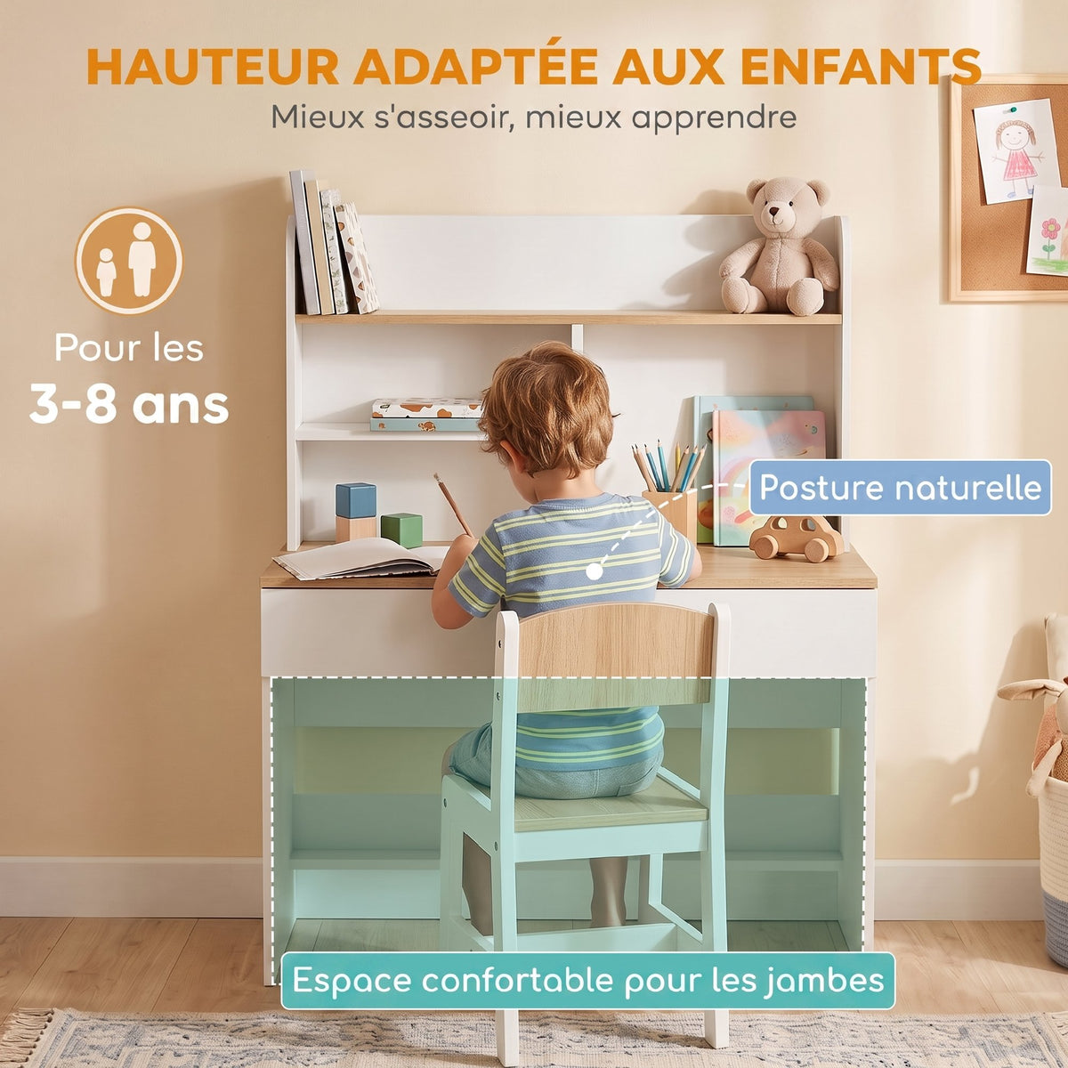 Bureau Enfant Blanc Effet Bois – Tiroir & Étagères Ouvertes, Plateau 80x48cm, MDF Mélaminé, 3-8 Ans, Norme EN71