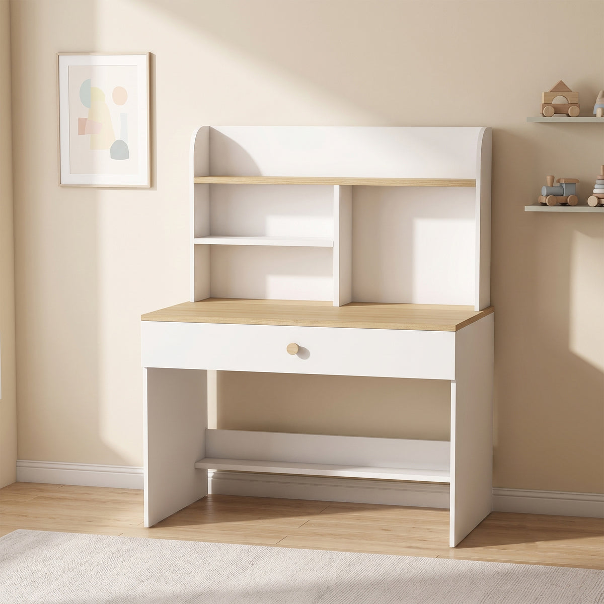Bureau Enfant Blanc Effet Bois – Tiroir & Étagères Ouvertes, Plateau 80x48cm, MDF Mélaminé, 3-8 Ans, Norme EN71