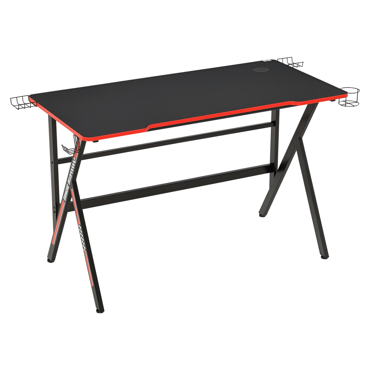 Bureau Gaming Racing 120cm – Plateau Texture Carbone, Support Casque, Brackets & Porte-Gobelet, Châssis Métal, Rouge & Noir