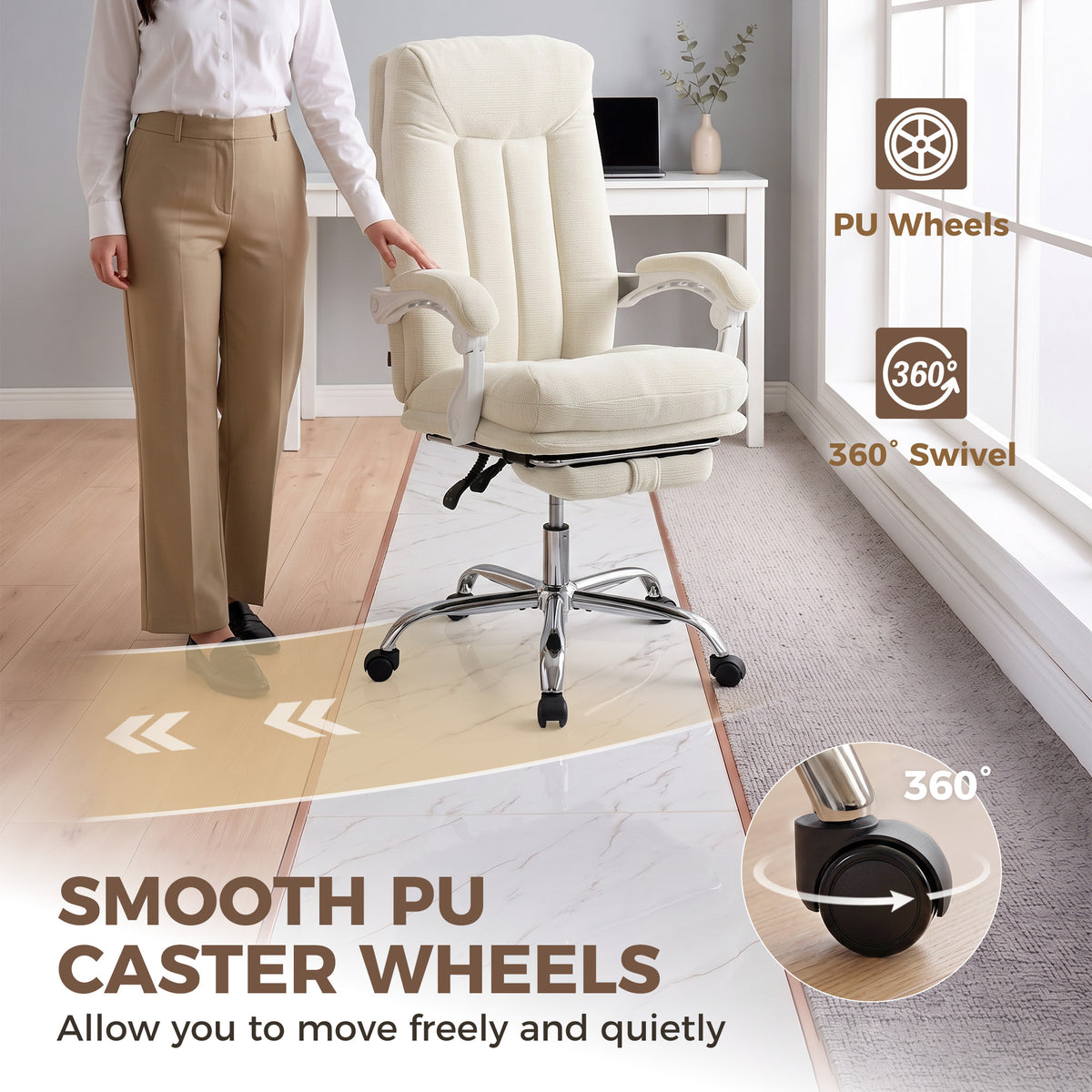 Fauteuil de Bureau Ergonomique Crème – Tissu Chenille Doux, Coussin 15cm, Repose-Pieds, Inclinaison 135°, Accoudoirs Réglables, 120kg