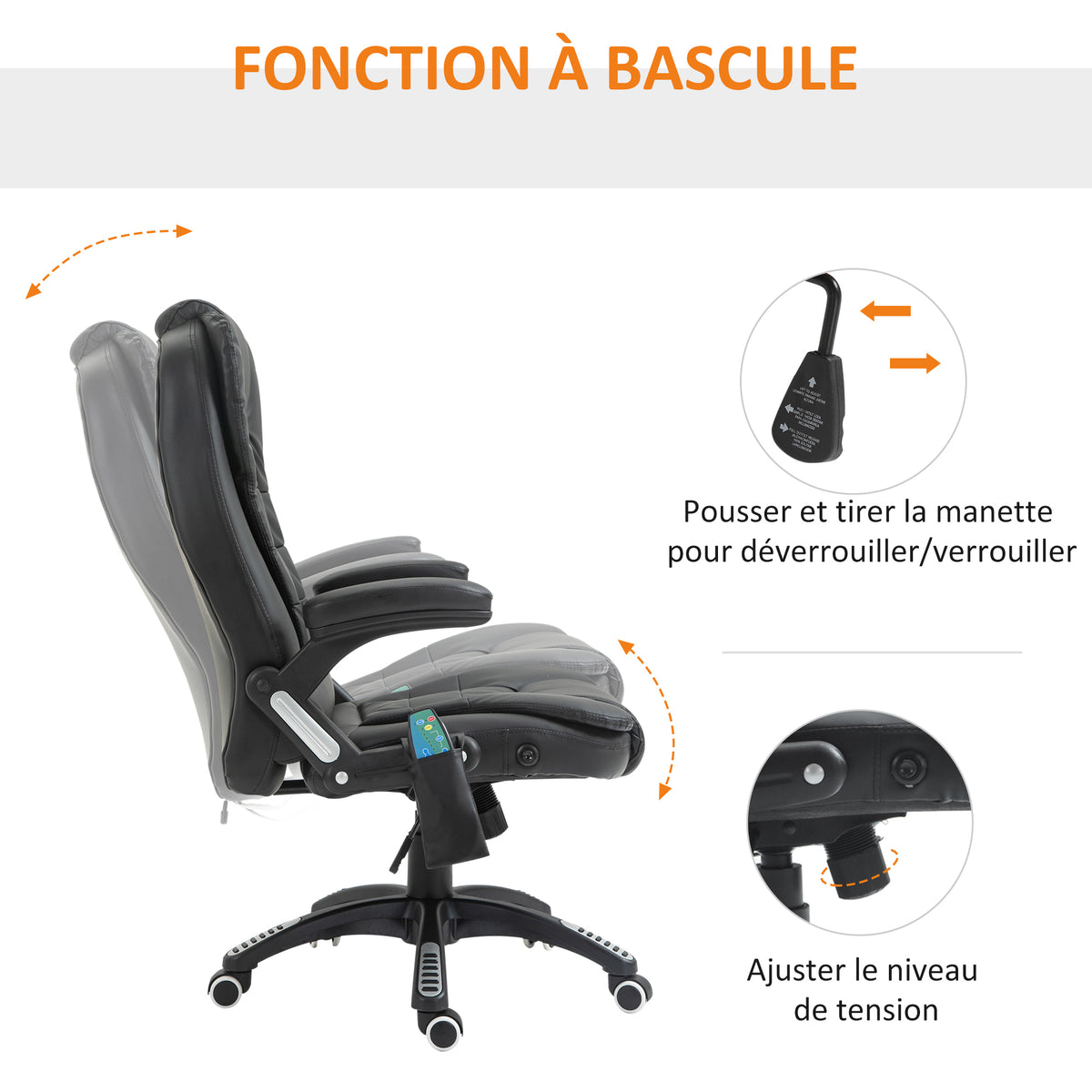 Fauteuil de Bureau Massant & Chauffant 6 Points – Ergonomique, Hauteur Réglable, Revêtement Synthétique, Noir, 120kg Max