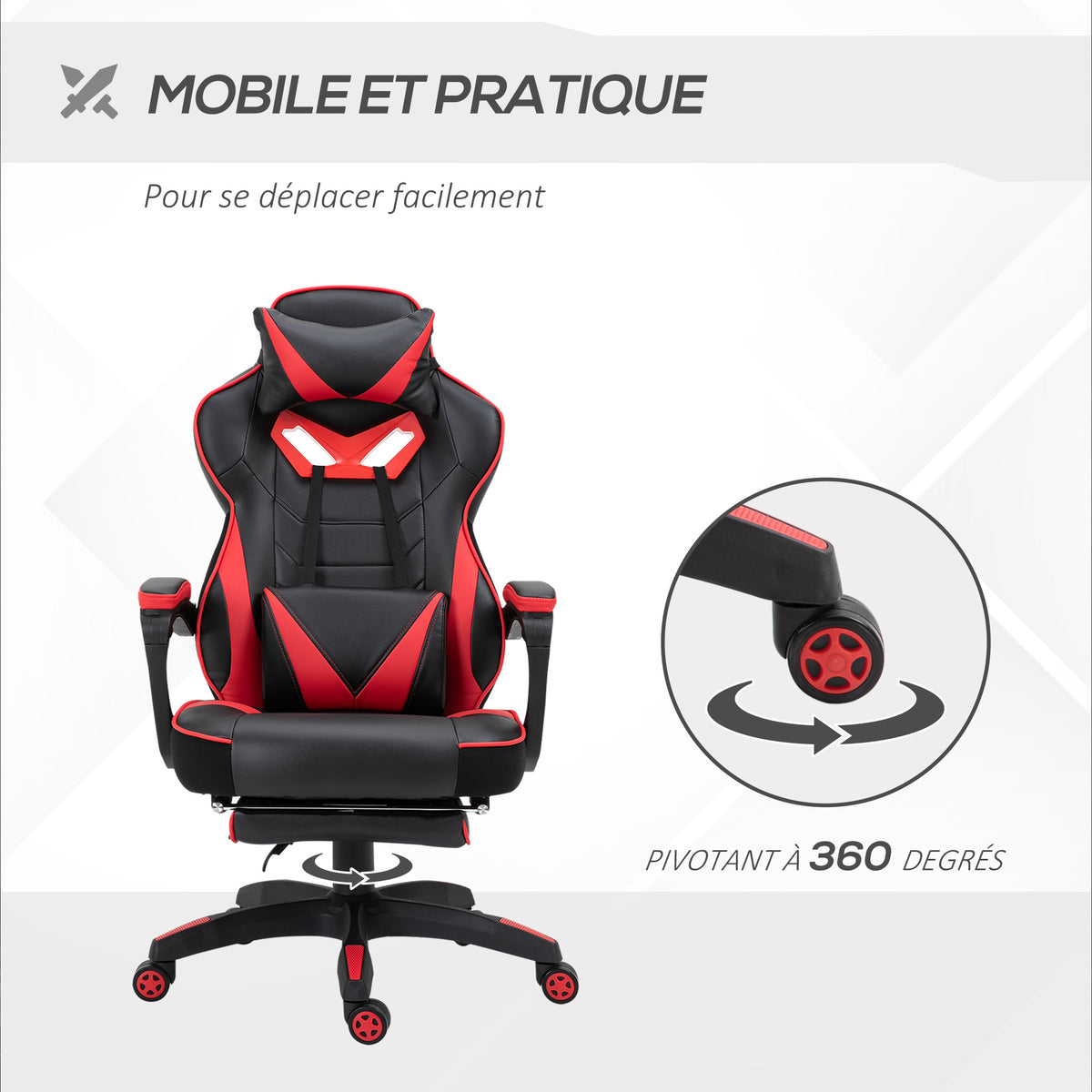 Fauteuil Gaming Racing Baquet – Repose-Pieds Rétractable, Coussins Têtedrière & Lombaires, Dossier 170°, Ergonomique, Rouge & Noir, 120kg