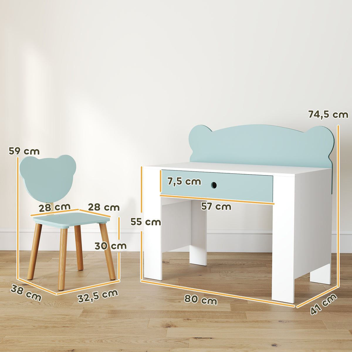 Ensemble Bureau & Chaise Enfant Vert – Dossier Ours Ludique, Tiroir, Plateau 80cm, MDF & Pin, 3-8 Ans, Norme EN71