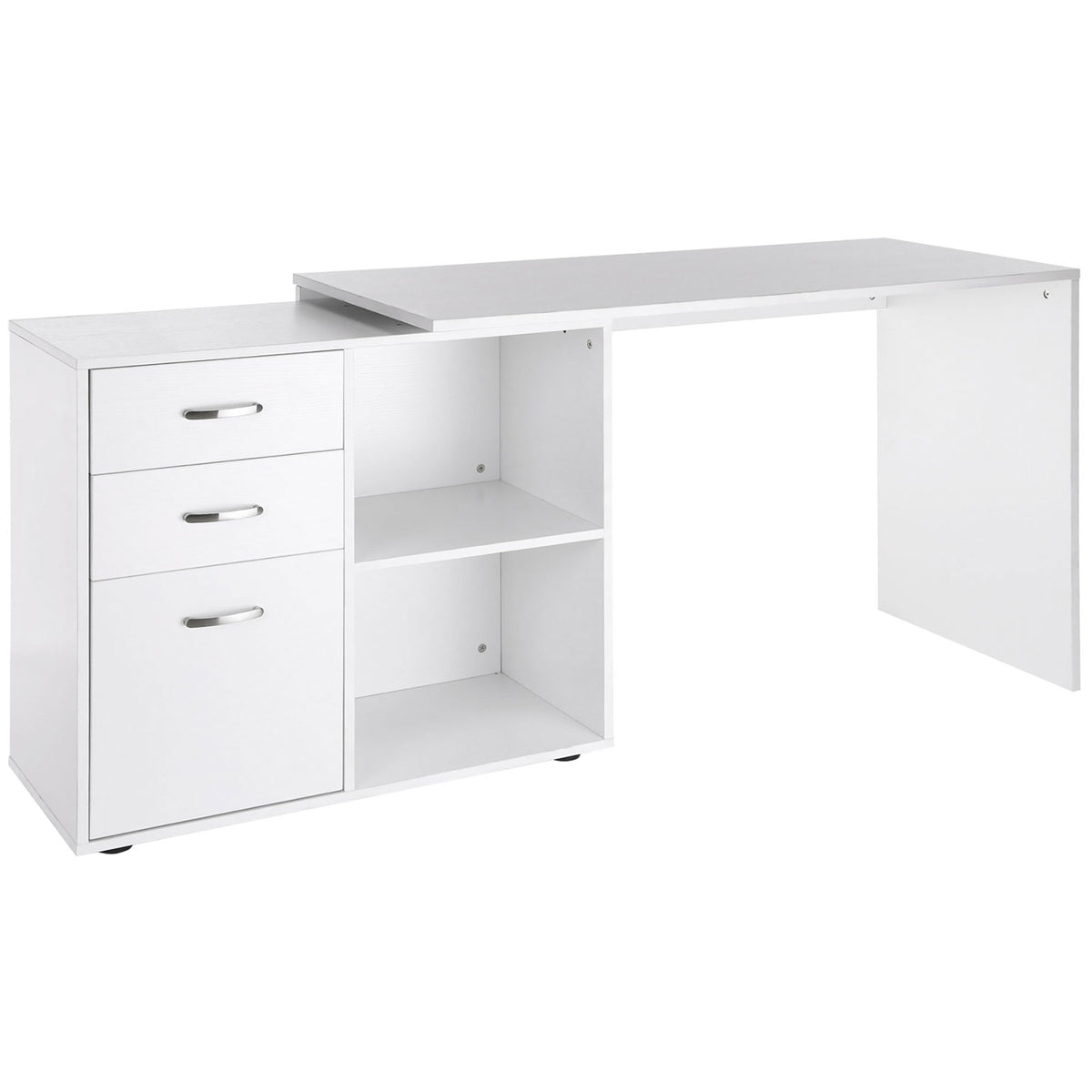 Bureau Modulable 2-en-1 – Angle ou Droit, 3 Tiroirs & 2 Niches, MDF Blanc, Petit Espace, Bureau & Salle à Manger