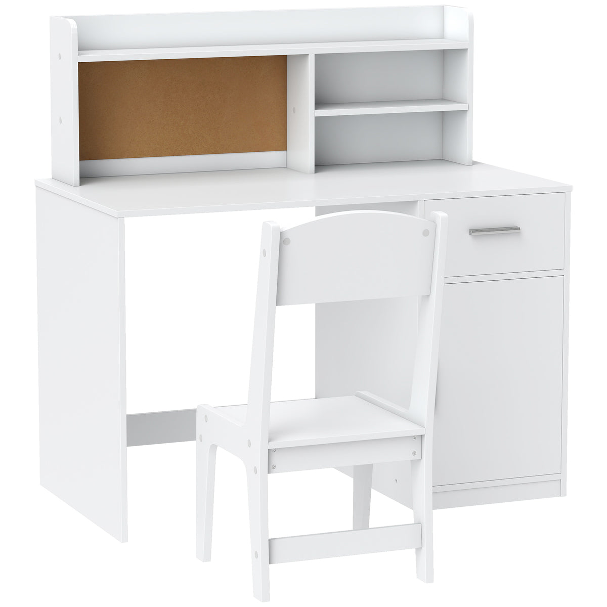Ensemble Bureau & Chaise Enfant Blanc – Tableau Liège, Tiroir, Placard & Compartiments, MDF, 3-12 Ans, Norme EN71