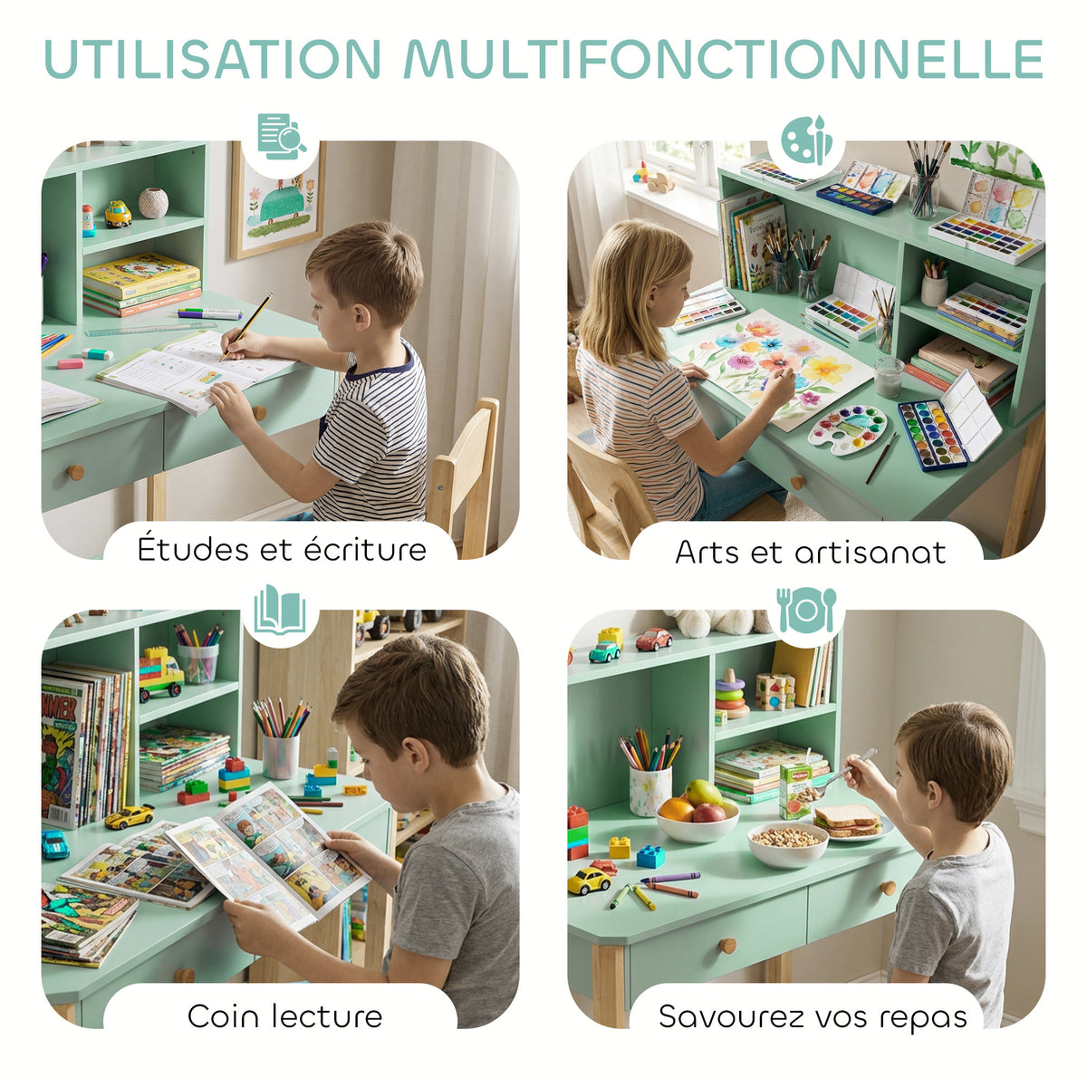 Bureau Enfant en Bois – 2 Tiroirs & 3 Compartiments, Plateau 90x37cm, MDF & Pin, Vert, 5-12 Ans, Norme EN71